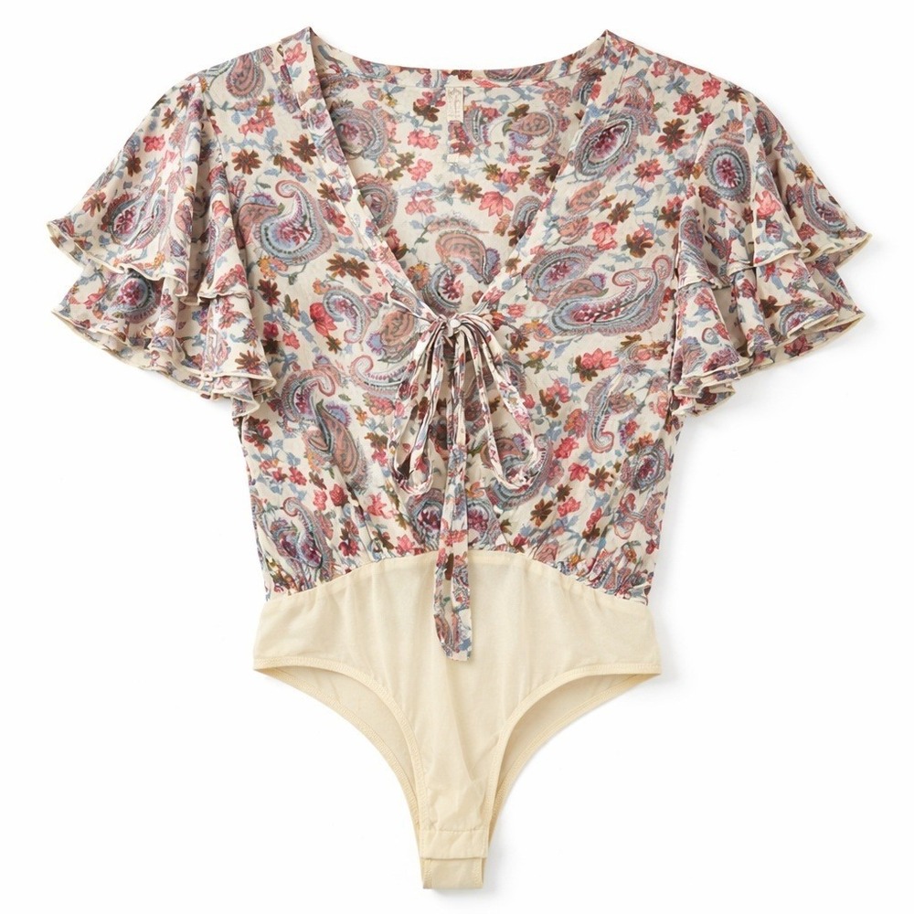 Free People Intimately Floral Ruffle Bodysuit Womens Size XS Cream Boho Cottage